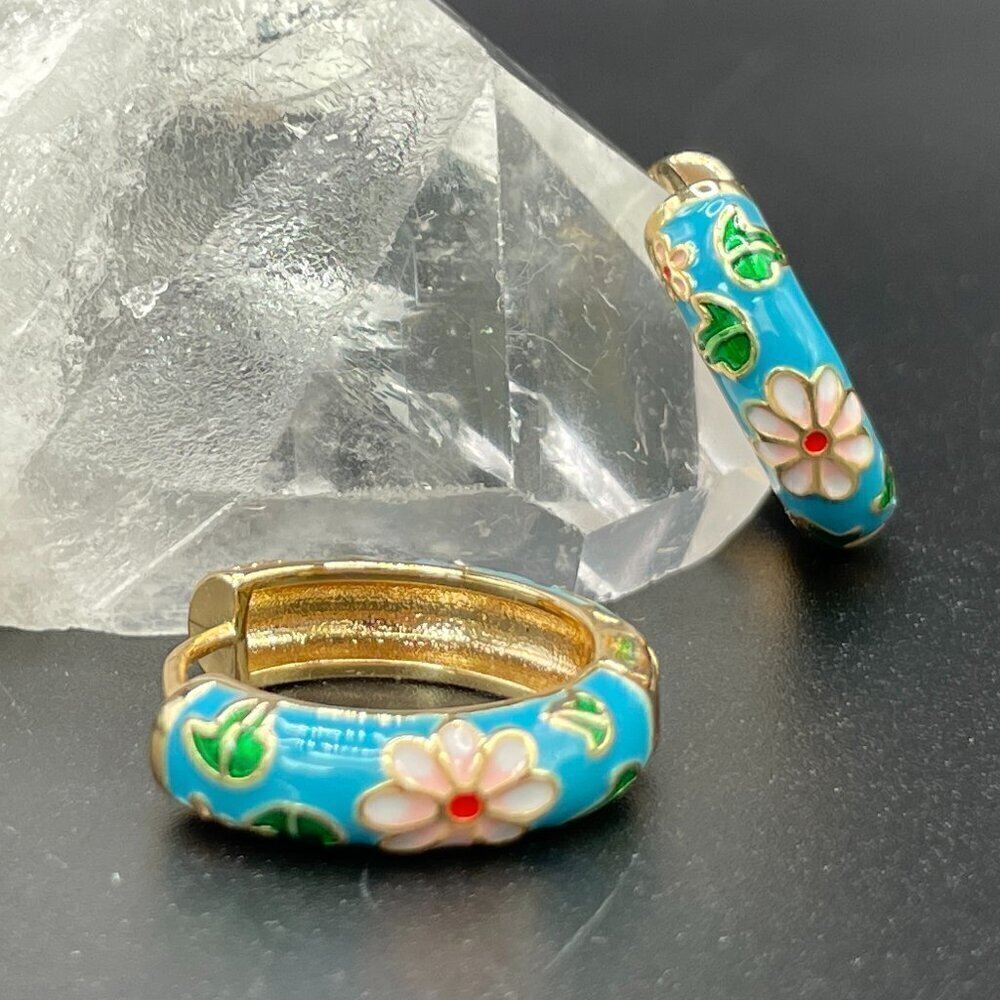Light Blue Floral Enamel Huggie Earrings #1352-LT BLUE